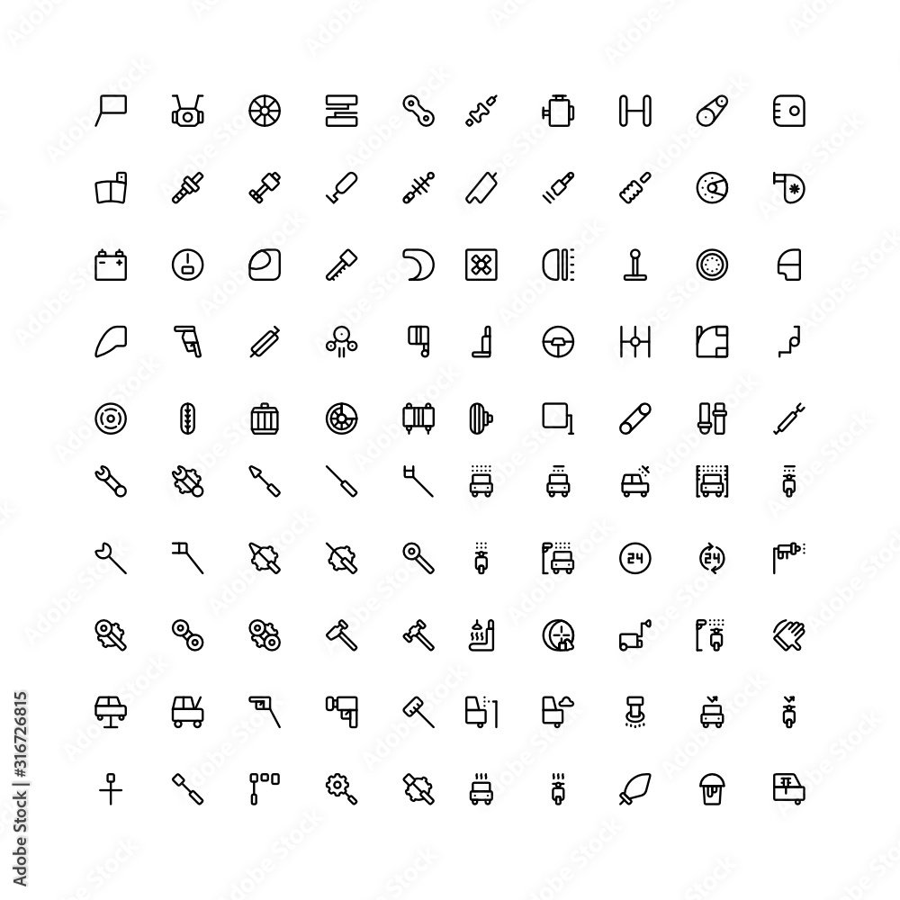 Set of 100 automotive, car, motorcycle, machine outline style icon - vector