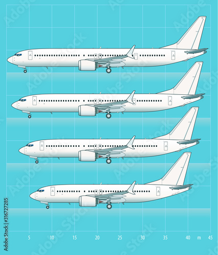 Outline drawing of an aircraft family with different sizes on a blue background