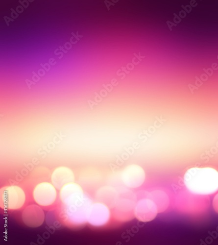 Bokeh abstract festive empty background. Purple pink yellow gradient blurred texture. Wonderful lights defocused template. Simple pattern. © avextra