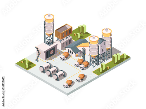 Concrete factory. Machinery manufactory production industrial concept cement mixer machine and tanks vector isometric. Illustration factory building, plant manufacturing