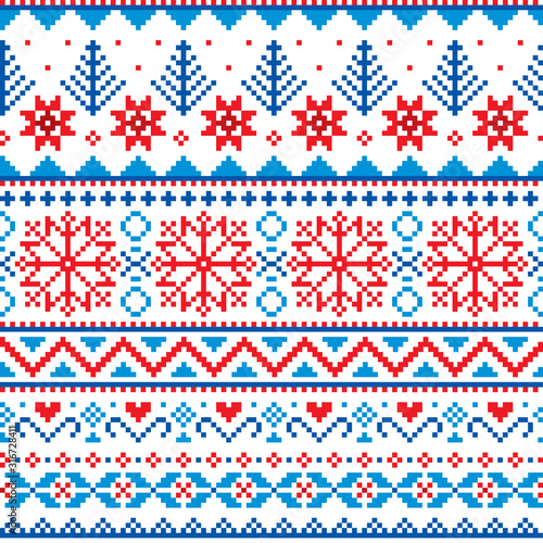 Winter, Christmas Fair Isle style traditional knitwear vector seamless pattern with snowflakes, trees and hearts