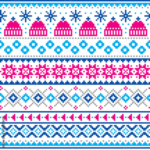 Winter, Christmas Fair Isle style traditional knitwear vector seamless pattern with winter hats and snowflakes