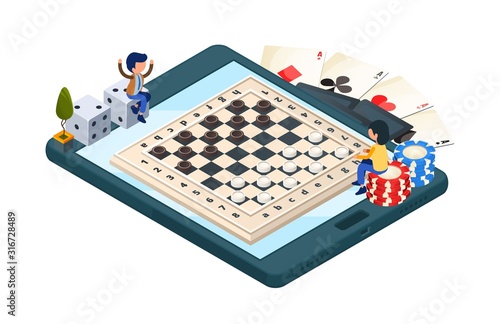 Online board game. Isometric phone with checkers game. Vector gamers characters, dice, cards. Illustration checkers championship online
