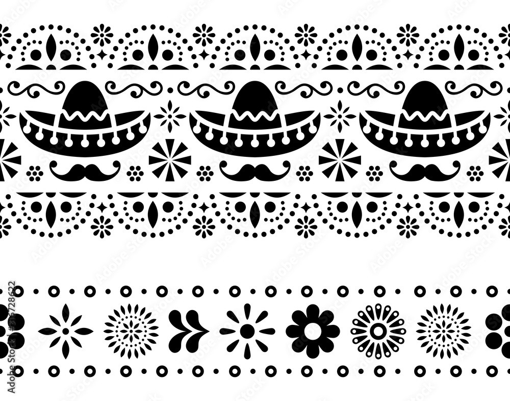 Mexican seamless vector pattern with sombrero, mustache and flowers - textile, wallpaper design