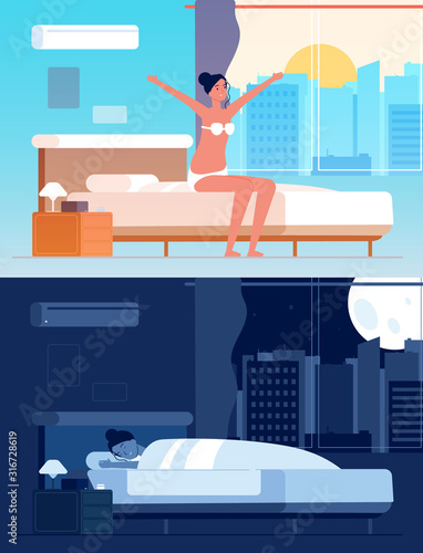 Girl wake up. Female character sleeping in bed morning waking vector cartoon character. Woman sleep and get up morning in bedroom illustration