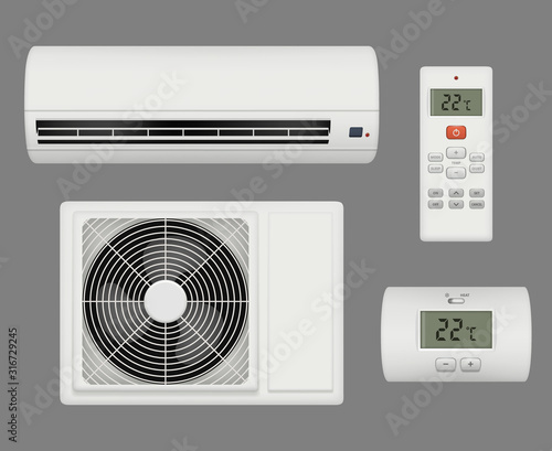 Conditioner realistic. Air ventilation purifier comfortable interior vector. Air conditioner equipment, home cooler conditioning illustration