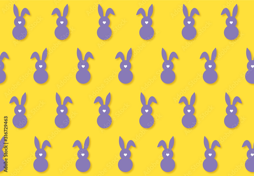 Seamless vernal pattern with purple Easter bunny and white heart-shaped nose on a cheerful yellow background Seamless vernal pattern with purple Easter bunny and white heart-shaped nose on a cheerful yellow background