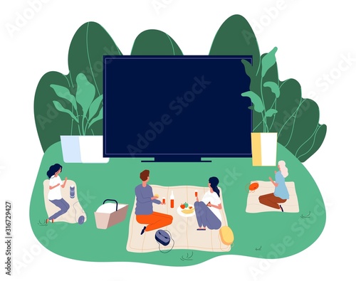 Open air cinema. Outdoors movie illustration. Teenagers with snacks and screening film. Romantic couple date vector concept. Movie cinema outdoor, entertainment watching illustration