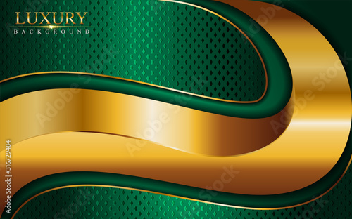 Luxury green background combine with glowing golden lines. Overlap layer textured background