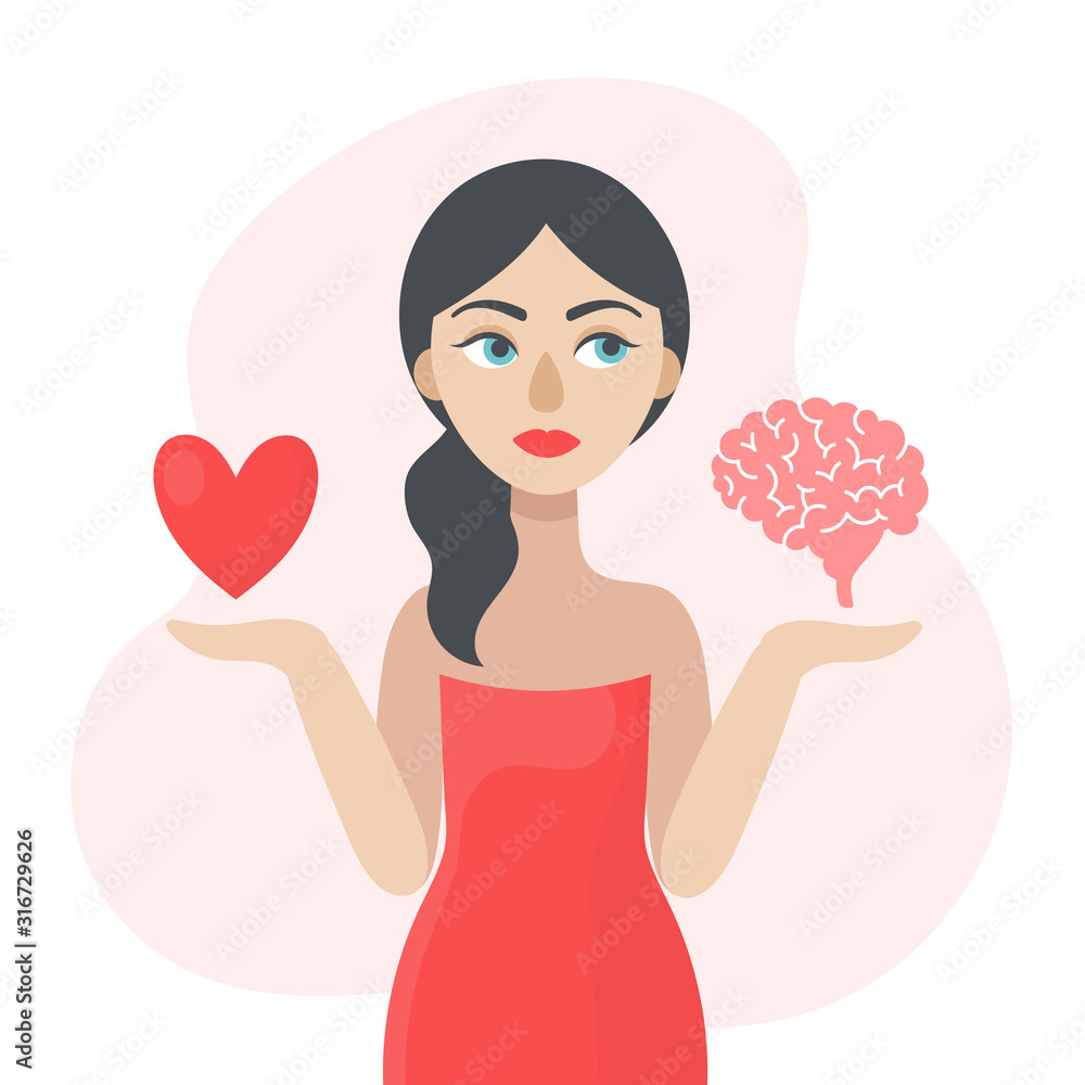 A young woman is thinking about what decision to make. The concept of choice.The heart or the brain.Doubts, worries.Flat vector illustration on white background. A young woman is thinking about what decision to make. The concept of choice.The heart or the brain.Doubts, worries.Flat vector illustration on white background.