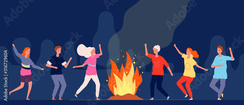 Campfire dance. People happy characters at night camping festival vector group persons. Illustration fire dance, people party forest near campfire