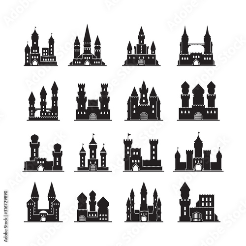 Castle silhouettes. Medieval fortress ancient towers vector flat buildings kingdom. Illustration castle with tower, stronghold silhouette