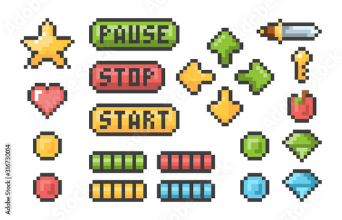 Pixel buttons. Retro video games trophy pictogram menu bars ui elements vector pixel set. Illustration button game collection, web retro pixel