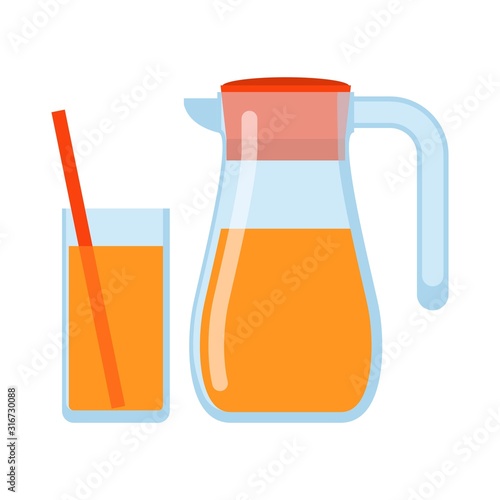 Jug, glass of orange juice isolated icon on white background, Lemonade glass and pitcher. Healthy drink. Flat style vector illustration.