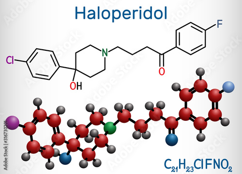 Haloperidol molecule, is antipsychotic medication. Structural chemical formula and molecule model