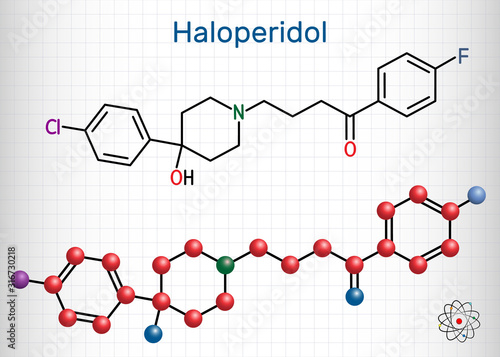 Haloperidol molecule, is antipsychotic medication. Structural chemical formula and molecule model. Sheet of paper in a cage. Vector illustration