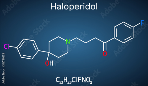 Haloperidol molecule, is antipsychotic medication. Structural chemical formula on the dark blue background