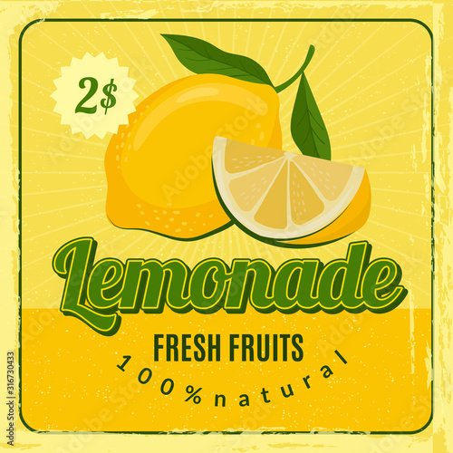 Lemonade retro poster. Brochure marketing placard with fresh lemon juice vector restaurant marketing design. Lemonade juice, fresh drink placard with price illustration