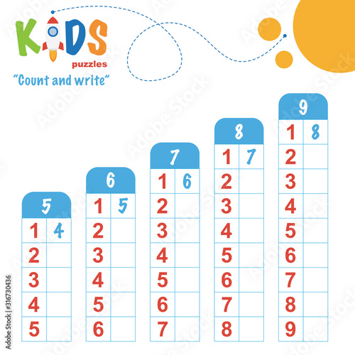 Easy colorful math count and write worksheet practice for preschool and elementary school kids.