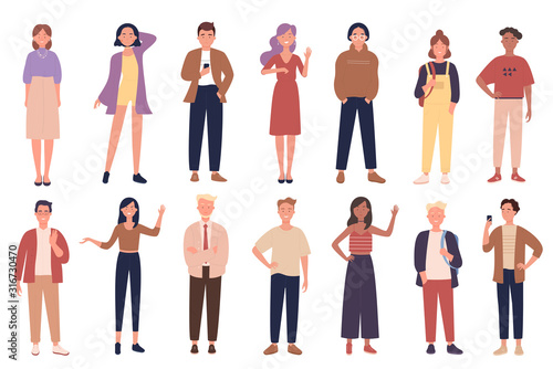 People wearing casual clothes vector illustrations set. Stylish men and women flat characters collection. Youth fashion, different street clothing styles, trendy women and mens outfits