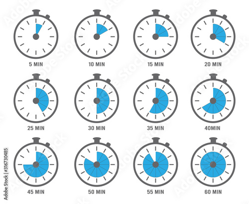 Clock symbols. Timers minutes and hours circle graph objects 5, 10 and 20 min vectors. Clock with seconds and minutes illustration