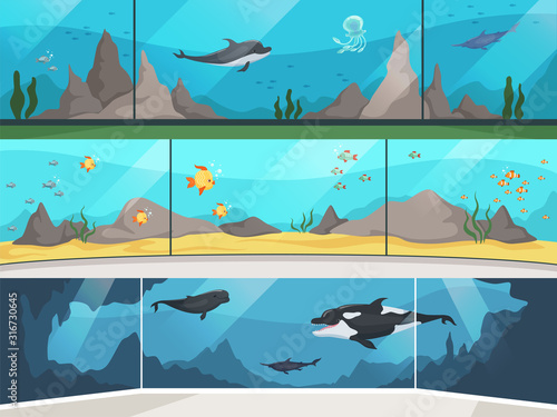Museum aquarium. Underwater zoo children with parents watching big fishes vector horizontal banner. Illustration oceanarium and aquarium, underwater museum