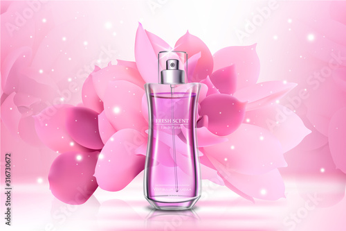 Perfume advertising banner vector template. Eau de Parfum flask, female toilet water bottle realistic illustration on pink floral background. Flower aroma extract, beauty, personal care concept