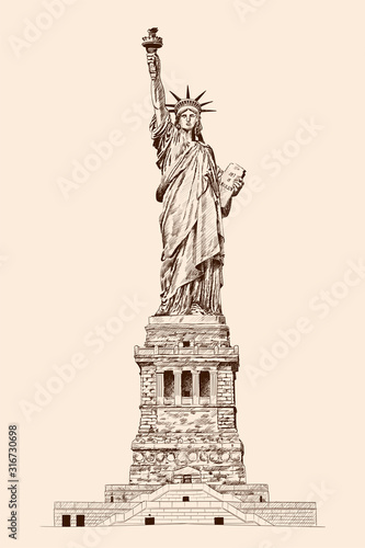 Liberty Enlightening the World. Statue in New York America. Pencil sketch on a beige background.