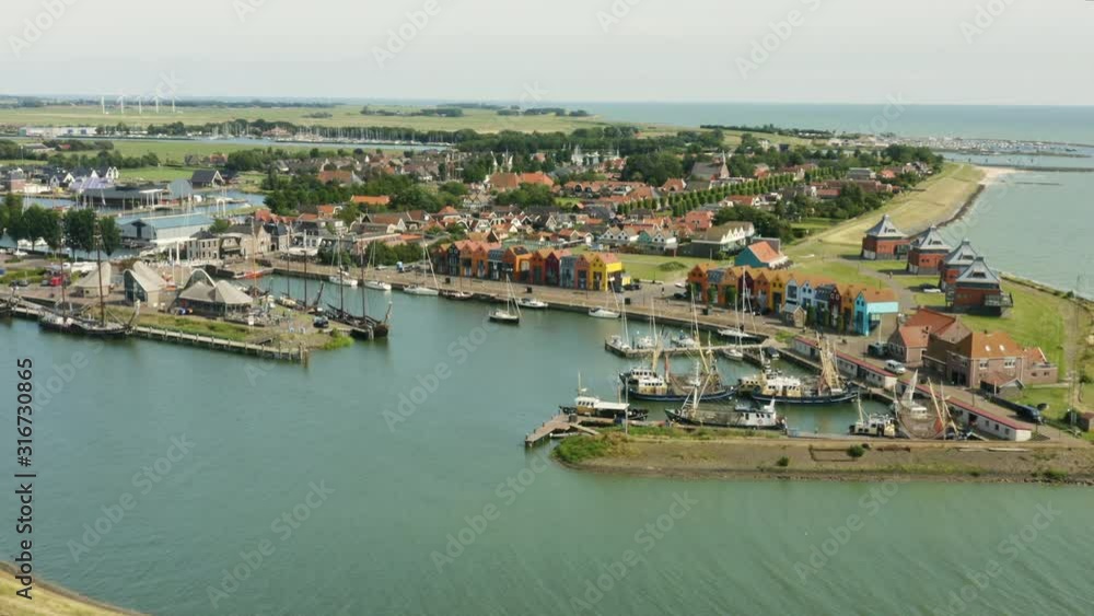 Wide aerial view of Stavoren, the oldest city in Freisland, located on the coast of IJsselmeer in the Netherlands Wide aerial view of Stavoren, the oldest city in Freisland, located on the coast of IJsselmeer in the Netherlands