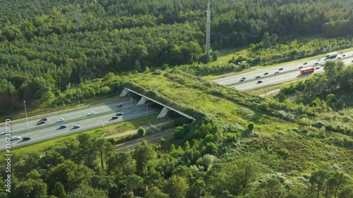 Aerial view of a wildlife crossing, known as an ecoduct spanning over a busy highway in the Netherlands photo