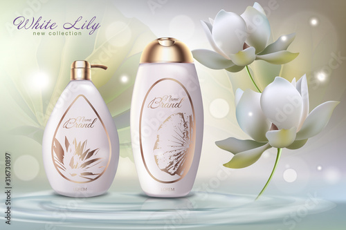White lily cosmetics advertising banner vector template. Natural beauty products plastic containers realistic illustration on white background. Body care organic cosmetic product concept