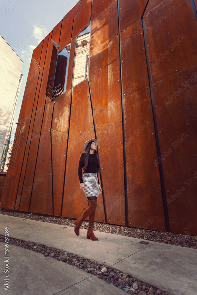 Beautiful girl model posing against the background of the modern building