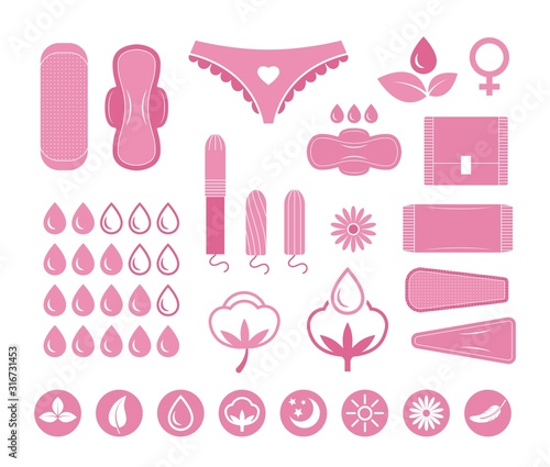 Menstruation period. Female hygiene, pants, pads and tampons. Women cycle vector icons set. Protection tampon and pad, cycle, female illustration