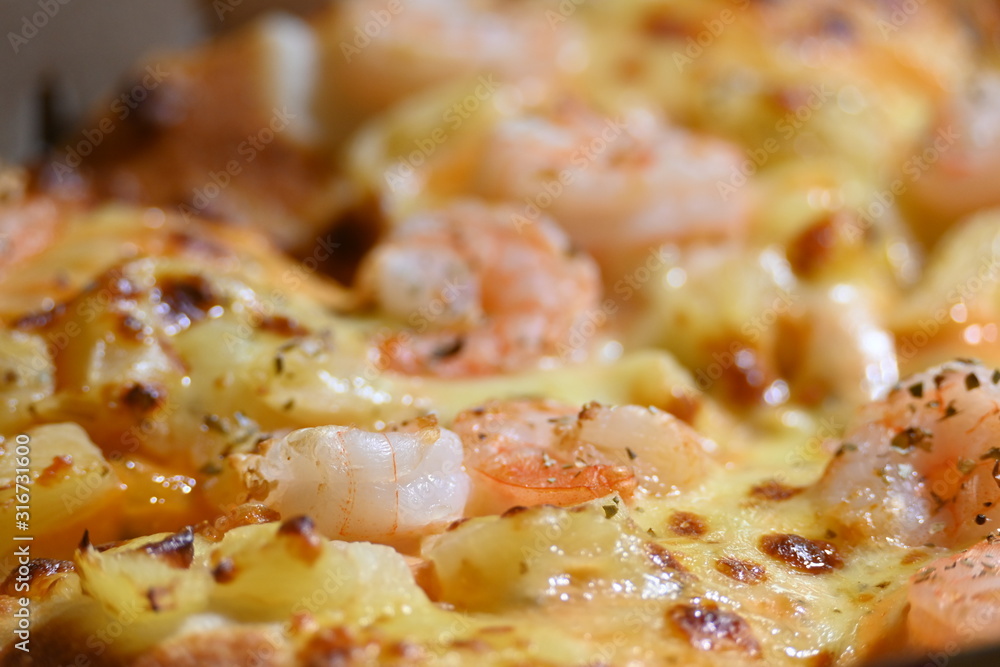 italian pizza cheese with pineapple and shrimp topping sea food italian pizza cheese with pineapple and shrimp topping sea food