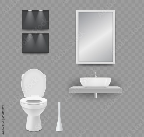 WC room. Realistic toilet, sink and mirror isolated on transparent background. Vector elements restroom and bathroom. Illustration toilet interior, closet wc, washroom sanitary