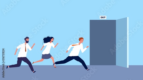 Happy business people run to exit. Weekend started, work day ended. Evacuation vector illustration. Businessman run to exit, door open