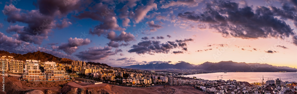 Panoramic view on Eilat city and the Red Sea at dawn, Israel 