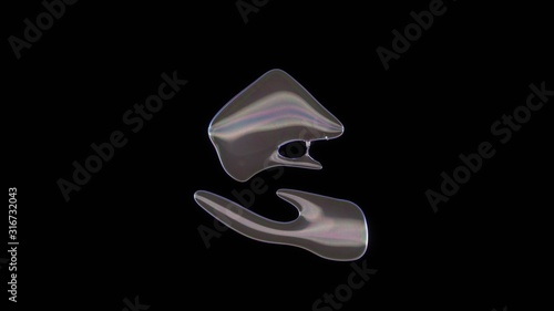 3D rendering of distorted transparent soap bubble in shape of symbol of house isolated on black background