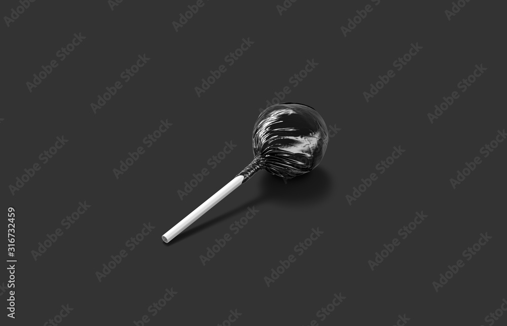 Blank black lollipop wrap mockup lying, dark background Blank black lollipop wrap mockup lying, dark background