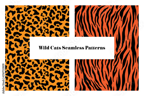 Tiger stripes and leopard spots seamless pattern, animal skin texture, abstract ornament for clothing, fashion safari wallpaper, textile, natural hand drawn ink, camouflage, tropical wild cat set