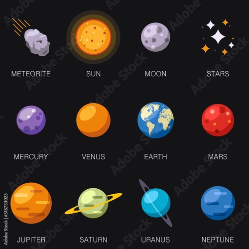 Solar system 8 planets and Sun, Moon, stars and meteorite isolated on background. Vector illustration
