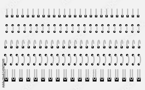 Notebook spirals. Wired spiral steel ring bindings for notebook or diary and calendar sheets. Vector set.