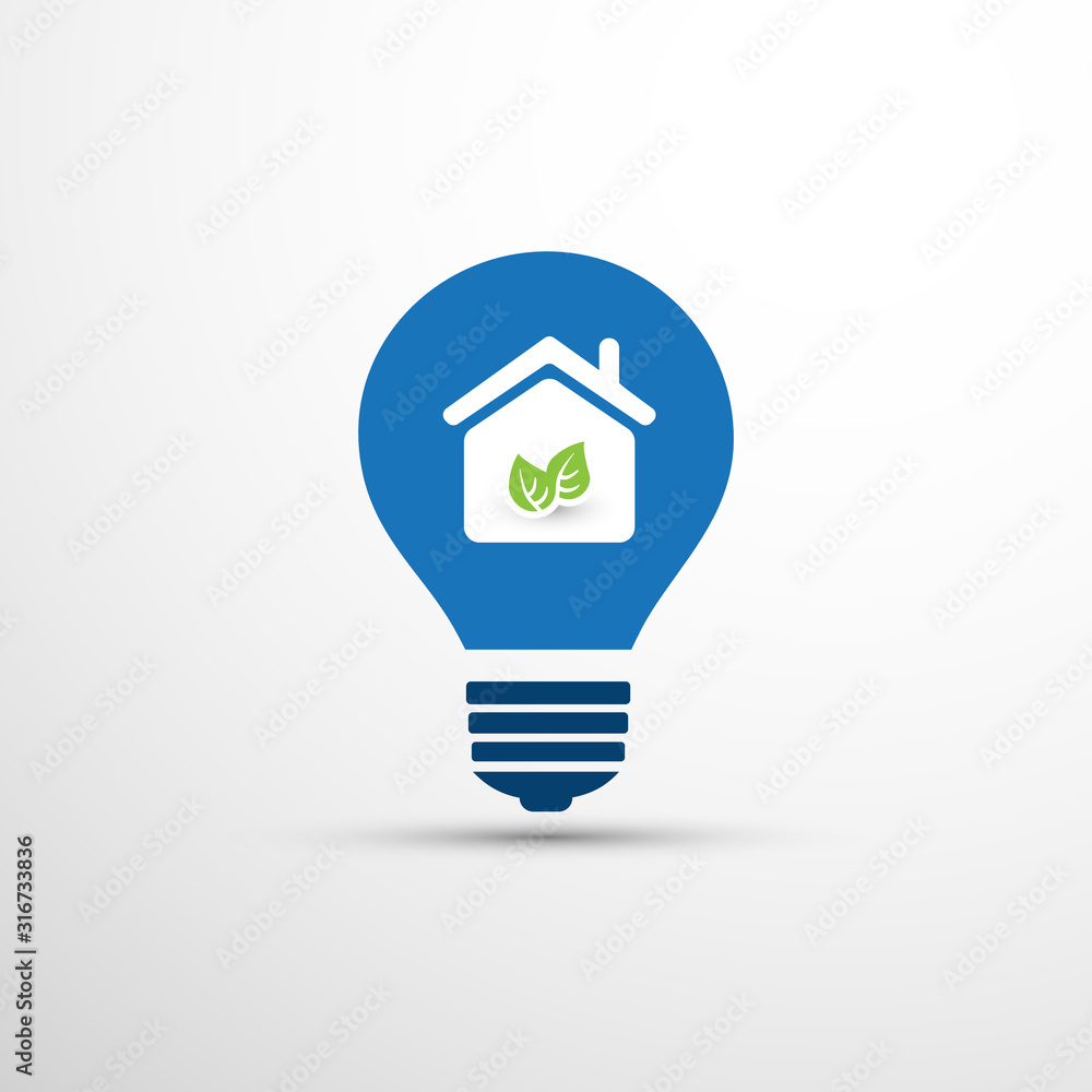 Blue Eco Energy Concept or Icon Design - Smart Home, House and Leaves Inside a Light Bulb Blue Eco Energy Concept or Icon Design - Smart Home, House and Leaves Inside a Light Bulb