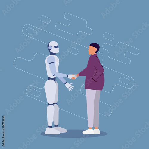 Business Woman And Modern Robot Shaking Hands Artificial Intelligence Cooperation Concept Flat