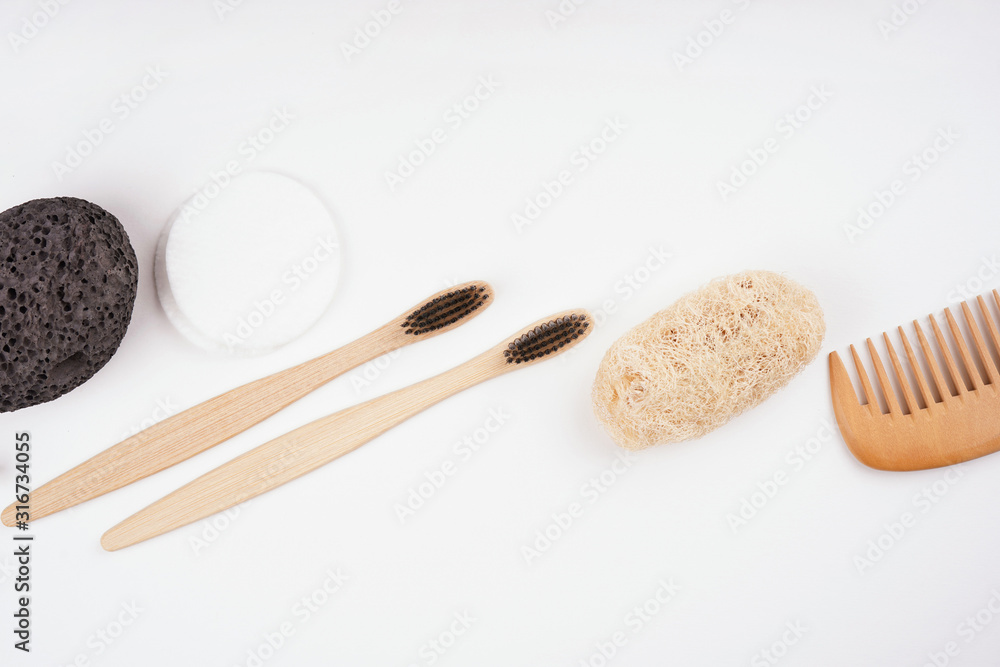 Various natural bath tools and eco products on white background. Spa, healthcare, beauty, zero waste concept. Top view, flay lay, copy space Various natural bath tools and eco products on white background. Spa, healthcare, beauty, zero waste concept. Top view, flay lay, copy space