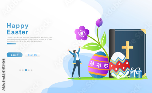 Vector illustration happy easter. women are happy to welcome Easter, the concept of 2 painted eggs, the gospel, gifts and flowers that bloom and blossom. for header, web, apps, UI. Flat cartoon style
