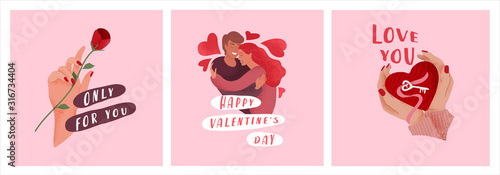 Love story of happy romantic couple. Valentines Day cute greeting card or poster. Female Hand with rose, hands with key of heart. Flyers, invitation, brochure. Vector design concept