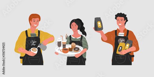 Coffee shop hand drawn character. Cartoon smiling woman waitress character hold tray with various coffee pots, man sells packaged coffee, barista make cappuccino or latte art. Vector