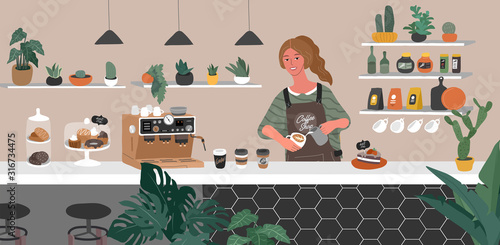 Coffee shop or cafe interior design. Character of Girl barista make cappuccino art and happy cafe customer. Scandinavian style interior with houseplants and handwritten quote text. Cartoon