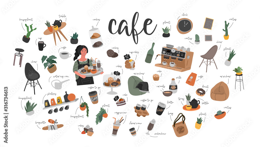 Cafe hand drawn collection . Cartoon coffee shop infographic set. Small business, houseplant and interior decoration, logo lettering and quote, barista, waiter character. Vector - obrazy, fototapety, plakaty 